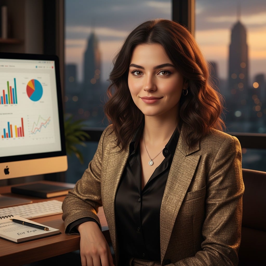 Elif kaya isminde bir pazarlama analisti görünümde kız resmi olsun oda gold renk ceket siyah gömlekli olsun